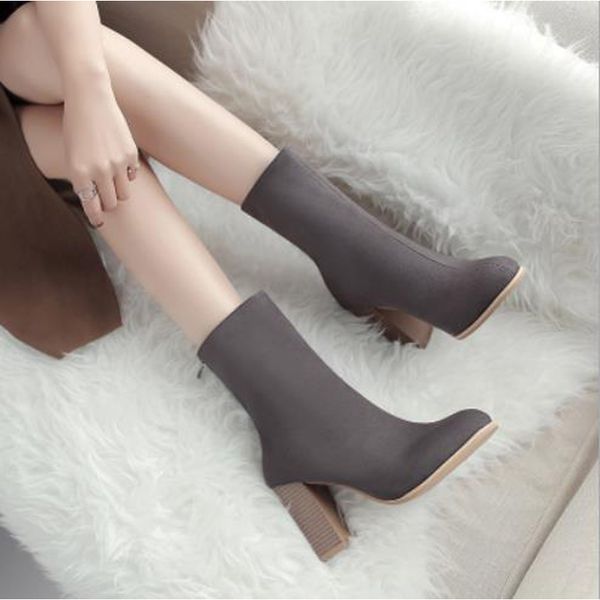 

2019 spring new women's roman series high heel boots women's zipper stretch material high heels women's high heel ankle boots, Black