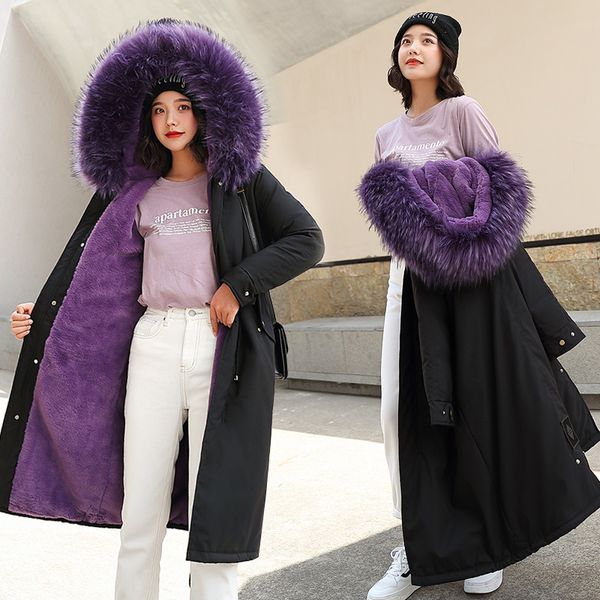 

winter women jackets coat thick fleece double warm loose cotton jackets plus size long parka coats faux fur collar hooded coats, Black
