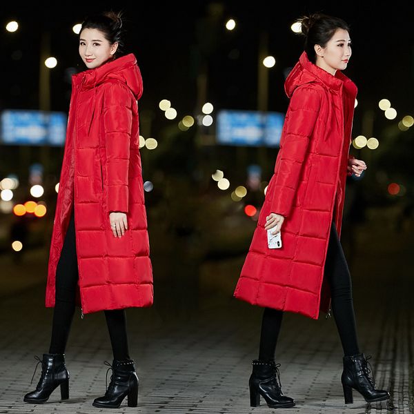 

warm winter coat women thick winter jacket women cotton hooded coat korean slim plus size 6xl gray red quilted jacket long coats, Black
