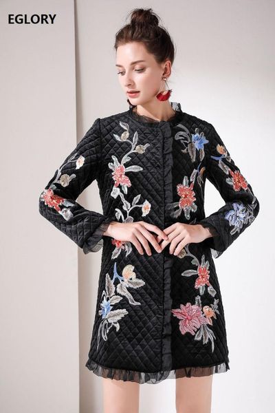 

casacos feminino 2019 autumn winter casual long parka women luxurious embroidery covered button black red parka outerwear coats