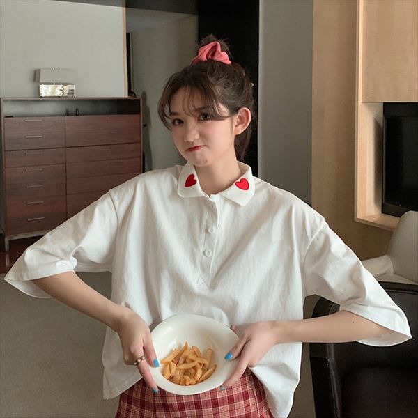 

2020 student loose short polo collar love half sleeve embroidery embroidery t-shirt female ins, White