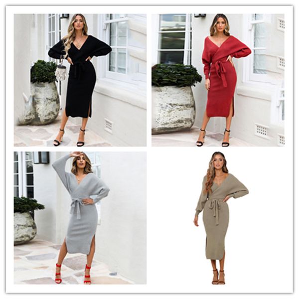 

2020 spring and summer new solid color female body suit fashion sweater knitted v-neck dress midi dress, Black;gray