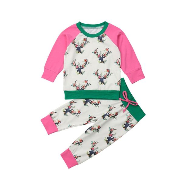 

christmas toddler baby girls lovely deer print clothes 2pcs long sleeve pullover sweatshirt +pants outfit 0-3y, White
