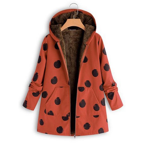

2018 spot print coat women jacket cotton long hooded neck ladies casual coats woman clothing woollen warm winter coat sj1261x, Black;brown