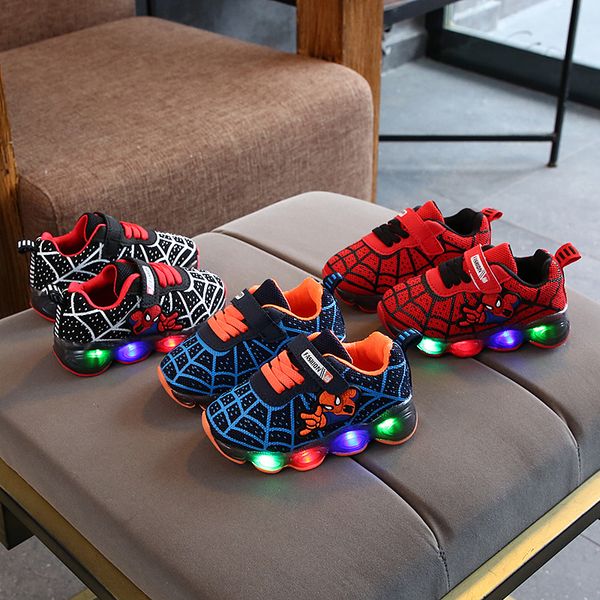 

spider man kids shoes with led extra light air cushion damping children luminous sneakers boy girl led light shoes, Black