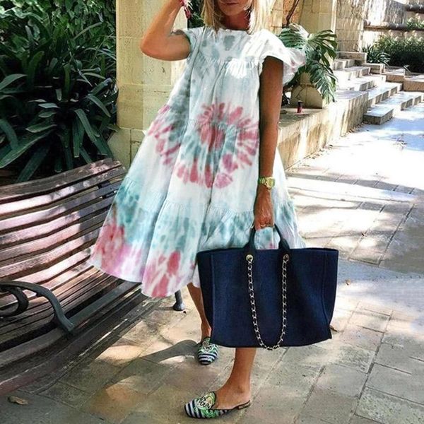 

women summer dress fashion short sleeve beach dress for women casual print loose sundress 2020 plus size 5.15, Black;gray