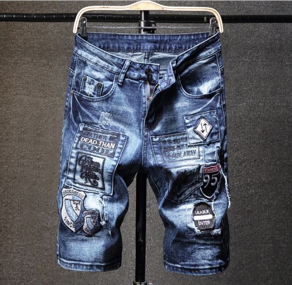 

summer style men blue shorts jeans men's embroidery jeans slim cotton straight denim trousers shorts for