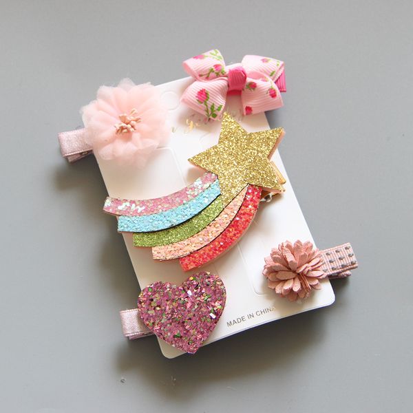 

5pcs new cute sequins hairpins rainbow unicorn baby girl flower barrettes kid cute cartoon head clamp hairgrips hair accessories, Slivery;white