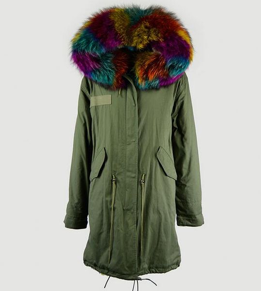 Beauitful Meifeng marca multicor forro de pele de coelho do exército verde lona longa parkas mulheres casacos de neve pródiga Rainbow guaxinim pele guarnição parka