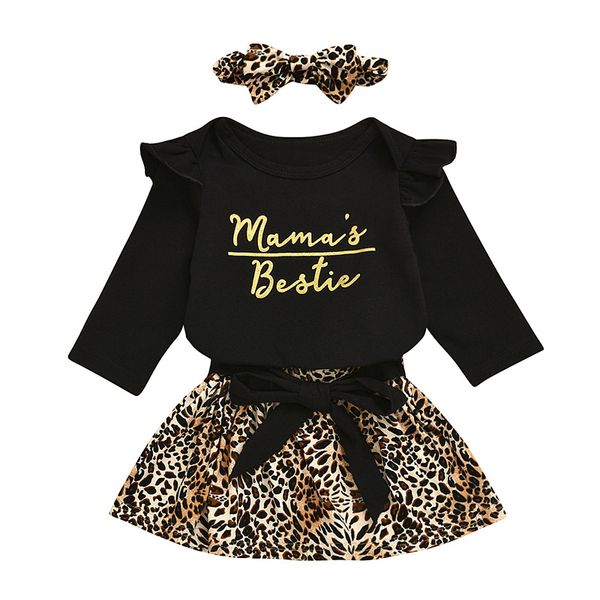 Baby Mädchen Kleid Anzüge Säugling Brief Rüschen Strampler Tops + Bogen Spitze Leopard Röcke + Leopard Stirnbänder 3 teile/satz Kleinkind Casual Outfit M1301