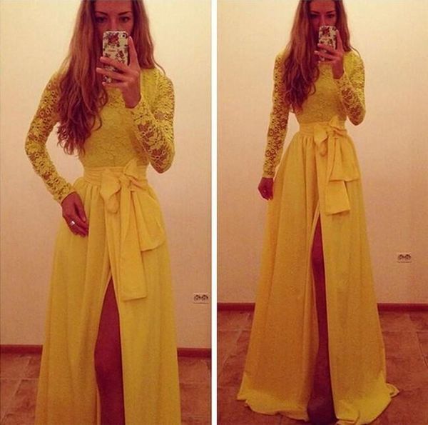 

trendy yellow long sleeves evening dresses 2019 new formal gowns a line jewel yellow lace and chiffon side slit party prom dresses a167, Black
