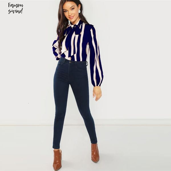 

blouse blue workwear weekend casual tie neck long sleeve striped pullovers women elegant autumn minimalist blouse, White