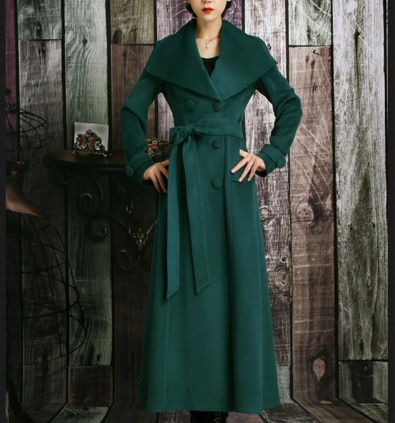 

plus size 3xl2019 winter x- long wool coat women big lapel slim double breasted belted wool blends coat, Black