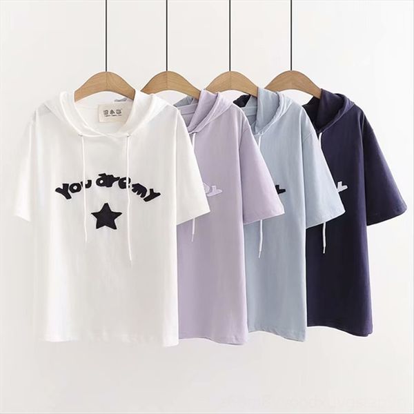 

2020 fresh and simple short-sleeved t- sticker five-pointed star hooded sticker shirt base shirt female, White