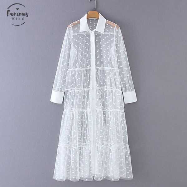 

women halter stylish polka dot patchwork transparent midi shirt dress long sleeve female chic mesh dresses vestidos, Black;gray