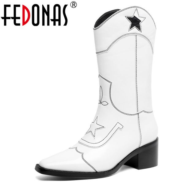 

fedonas genuine leather female western boots autumn winter new high heels night club shoes woman fashion women mid-calf boots, Black