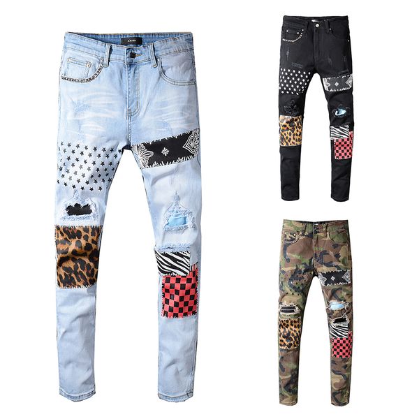 

mens 2020 luxury designer jeans clothes men ripped distressed biker skinny denim pants fashion true brand print hip hop rock revival jeans, Blue