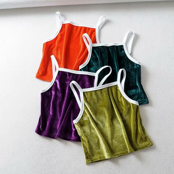

summer new women's fashion color velvet sling slim vest patchwork slash neck camis solid backless casual l, White