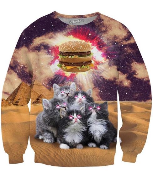 

yelite 2019 funny animal christmas cat 3d sweatshirts men longsleeve laser cat print fashion pullover harajuku streetwear, Black