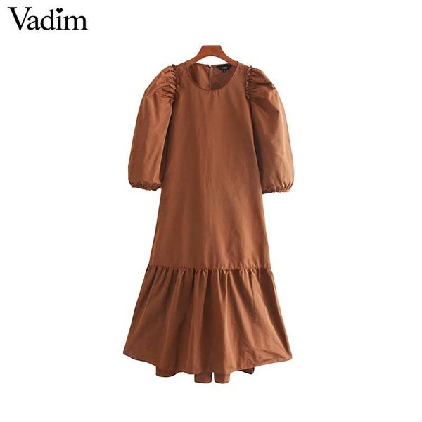 

vadim women elegant solid midi dress three quarter puff sleeve female casual retro mid calf dresses straight vestidos qc826, Black;gray