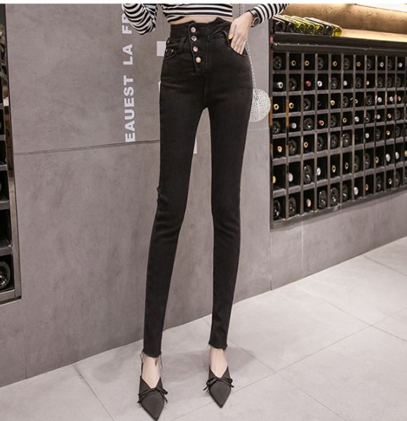 

черные высокие талии четыре зерно пряжки джинсы женщина, Blue