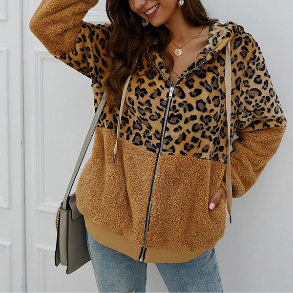 

women leopard stitching hodded jacket winter long sleeve jacket coat ser88, Black