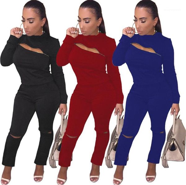 

2pcs sets spring womens zip hole tracksuits solid ripped pullover ladies 2pcs pants long sleeve fashion female, White