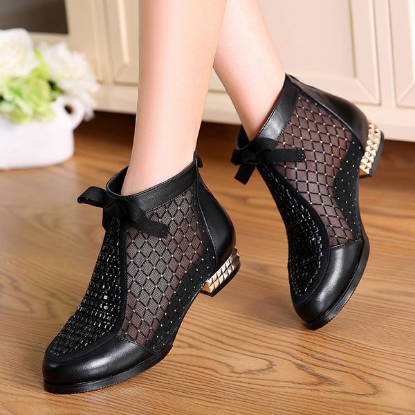 

leather women's shoes summer new cool net boots fashion rhinestone bow mesh mesh hollow fish mouth booties, Black