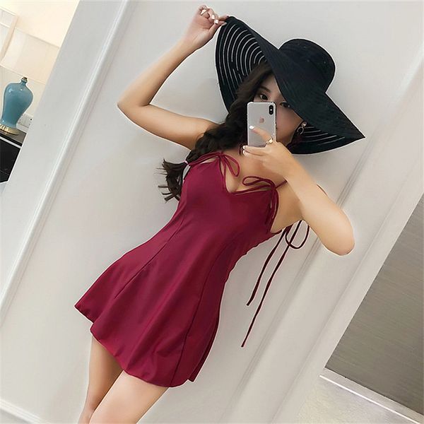 

2019 new ladies solid color v-neck sling backless one-piece swimsuit skirt high waist was thin summer beach ladies swimsuit, Blue;gray