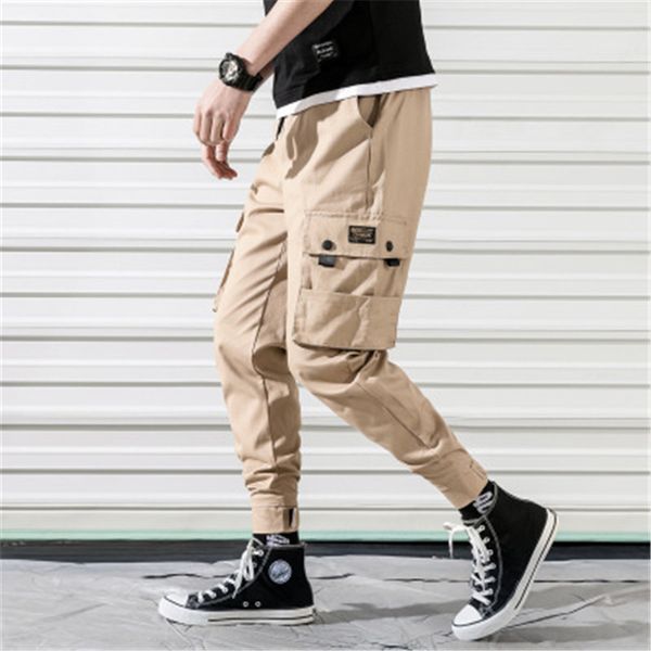 

mens multi pocket harem pant men streetwear punk cargo pant hip hop casual trousers joggers male beam feet pant, Black