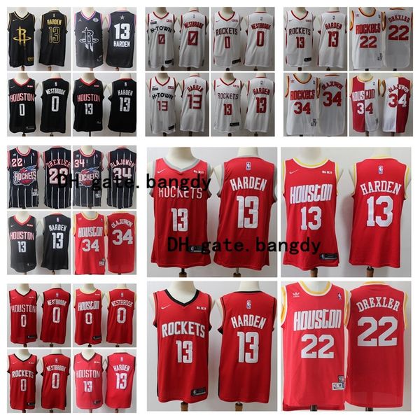

mens city houston rockets nba 13 james harden 0 russell westbrook 22 clyde drexler 34 hakeem olajuwon red basketball jerseys shorts, Black;red