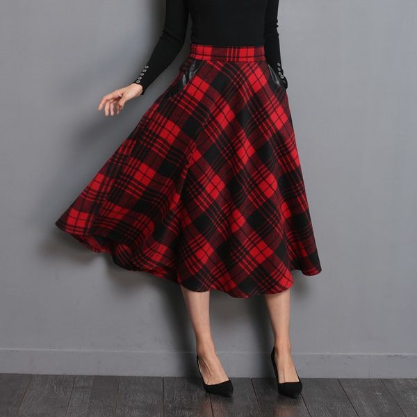 

neophil england style red plaid high waist midi skirts woolen plus size 3xl a line pleated 2020 winter women tartan skirts s1735, Black