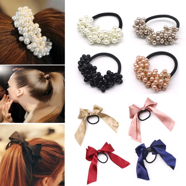 

women hair accessories pearls beads headwear ponytail holder girls hair scrunchies tiara satin ribbon bow elastic band rope