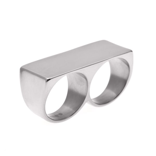 

new fashion mens gold plated stainless steel personalized hip hop double finger ring creative blank rapper band jewelry gifts for boyfriend, Silver
