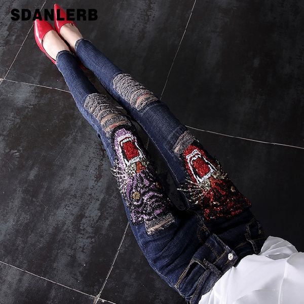 

european pants women's spring autumn new sequins tiger slim cowboy embroidered skinny pants boyfriend jeans for women plus size, Blue