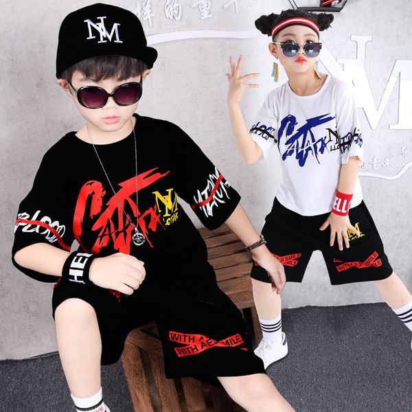 

boys summer sports clothes suit girls hip-hop kindergarten children's day performance suit round neck t-shirt shorts sweatshirt 2 sets, White
