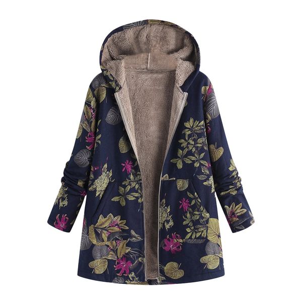 

women winter warm outwear floral print hooded pockets oversize winter coat women zipper abrigos mujer invierno coat, Black