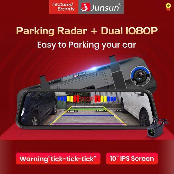 

junsun car parktron reverse radar rearview mirror car camera 10 inch screen fhd 1080p dvr parking radar sensor dash cam