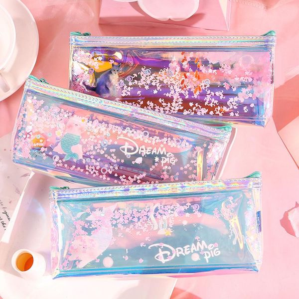 

cartoon pig mermaid quicksand pencil bag girl stationery cosmetic case pouch