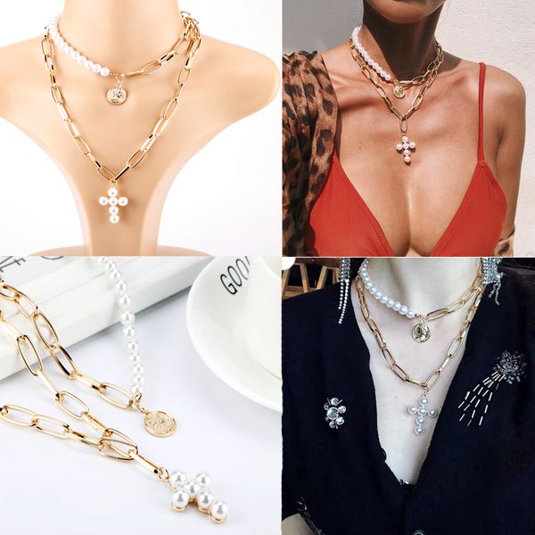 

vintage round portrait queen coin pearl cross necklace chain statement charm ethnic short necklace for female punk gold gift-30, Silver