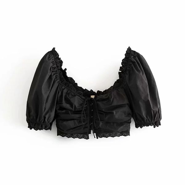 

women's blouses & shirts women 2021 sweet ruffles hollow out floral cropped fashion girls bow tie back elastic square collar, White