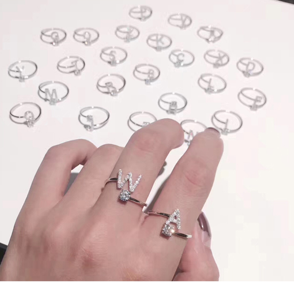 

ramos simple 26 english letters a-z rings for women micro zircon 925 silver rings adjustable, Slivery;golden
