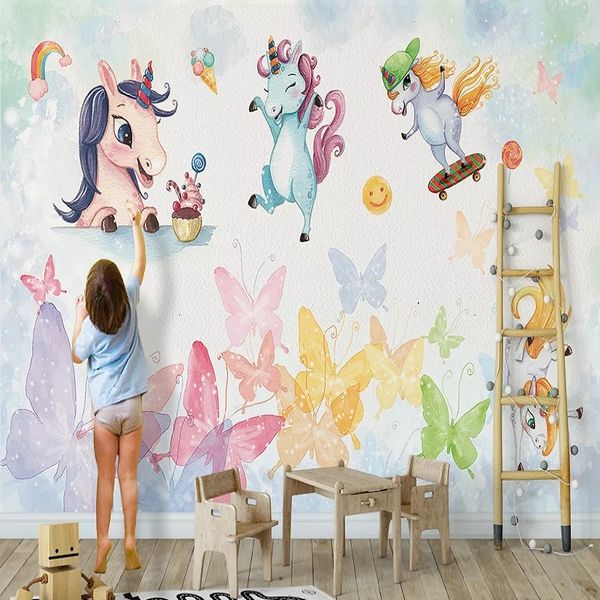 

новый заказ большой настенная 3d обои милый мультфильм unicorn бабочка детская спальня настенная tv задней стены декор глубоко 5d тиснением