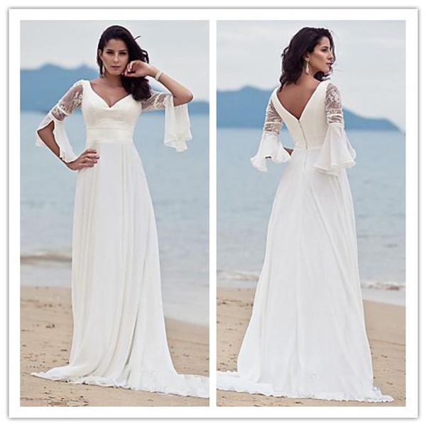 

Long Wedding Dresses 2019 V Neck Zipper Back robes de soirée 3/4 Long Sleeves Lace Bridal Gowns Plus Size