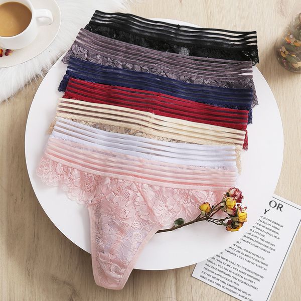 

lace g-string panties women underwear transparent thong panties for female underpants mesh waist striped lingerie, White;black