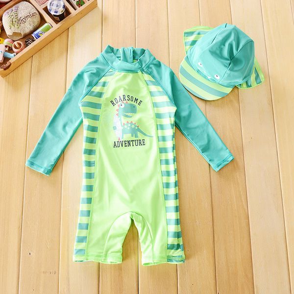 

chilren swimsuit baby boy handsome dinosaur beach sunscreen clothing kids rash guard baby boy swimwear and cap in one set, Black
