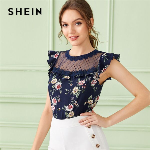 

shein navy ruffle trim mesh yoke floral print elegant blouse women 2019 summer butterfly sleeve buttoned ladies blouses, White