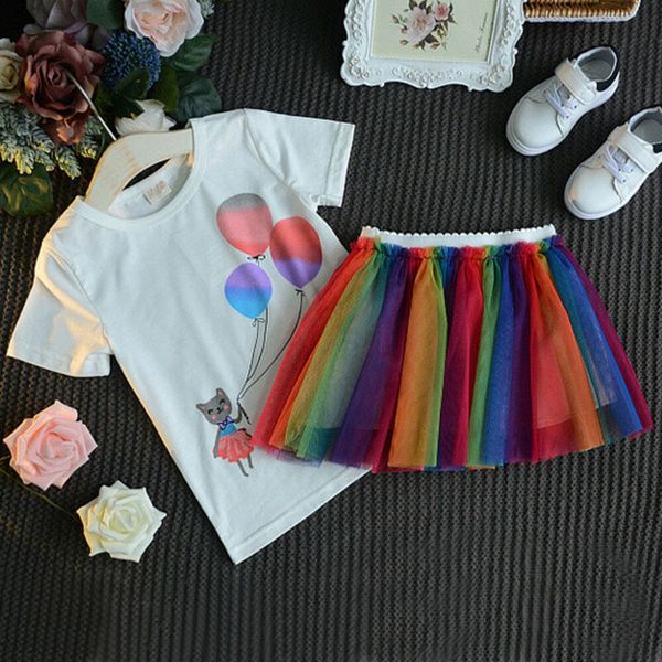 

kid малыша девушки одеваются outfit футболка топ радужная тюль туту юбка партии одежды, White
