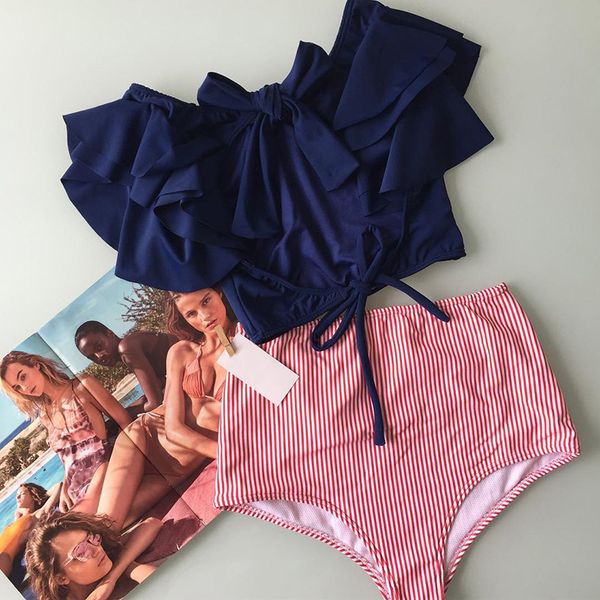 

high waist bikinis 2019 new print swimwear women swimsuit shoulder ruffle bathing suits beach wear push up biquini female