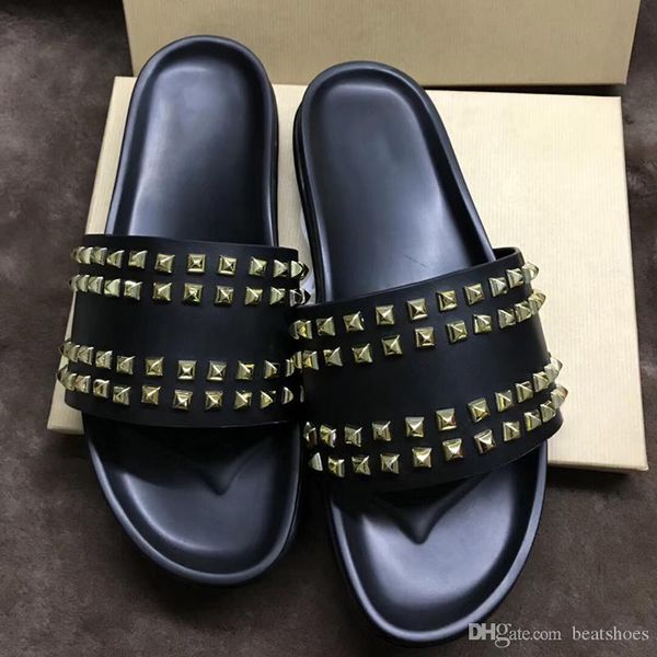 

fashion designer slides red bottom slippers mens black genuine leather with spikes shoes summer flat flip flops soft leather sandals us 12